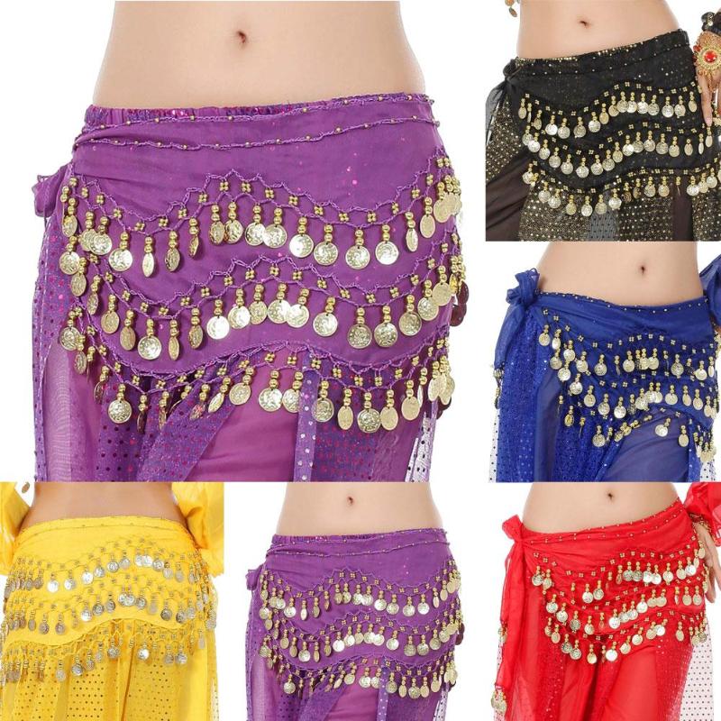 

Belts SANWOOD Fashion Female Belly Dance Hip Belt 3 Row128 Golden Coins Scarf Waist Chain For Women, Yellow