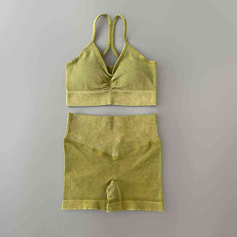 

Ribbed Seamless Yoga Set Women 2 Pieces Sport Bra With Acid Wash Shorts Workout Outfit Fitness Activewear Suit For Fitness T220725, Beige