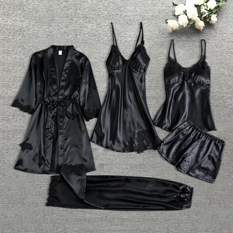 Vêtements de nuit pour femmes Robe en soie Costume de nuit Femmes Dentelle Satin Pyjama Robe Ensemble V-cou Cami Nuisettes Porter Pijama Home Nig