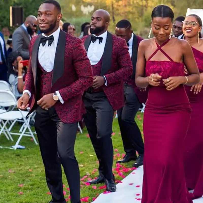 

Burgundy Pattern Mens Suits Slim Fit Wedding Grooms Tuxedos Shawl Lapel Formal Blazer 3 Pieces Jacquard Prom Suit (Jacket+Pants+Vest), Same as image