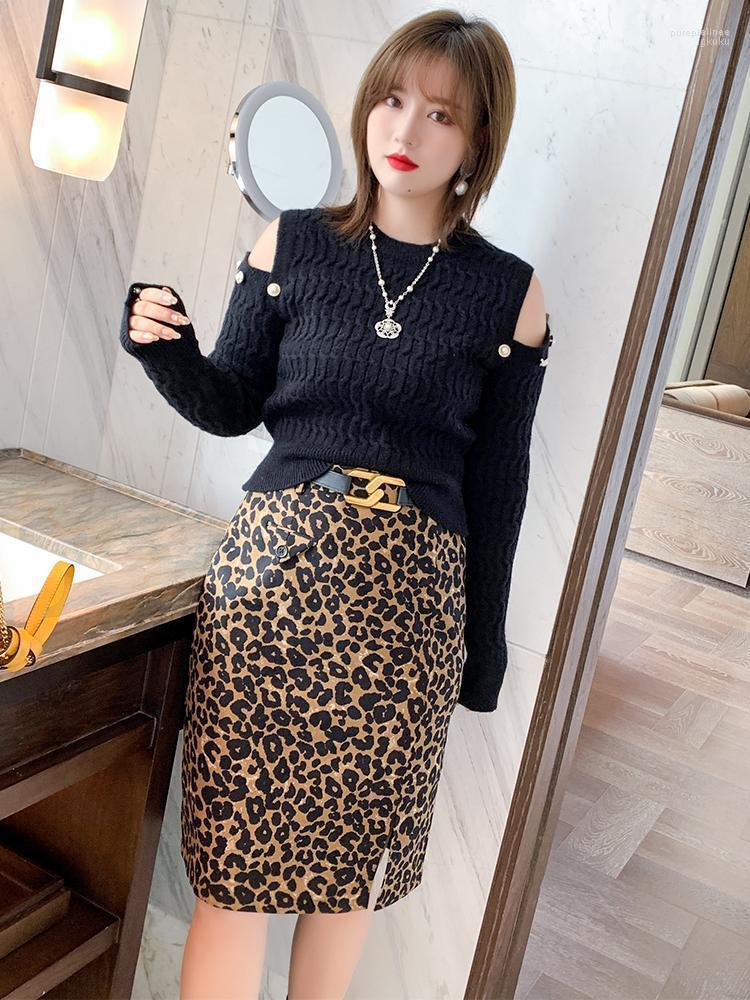 

Dew Shoulder Loose Sweaters High Waist Fat Sister Leopard Skirt Suit Women's Winter Plus Sizes Large Size Of Top Quality Tracksuits, Black