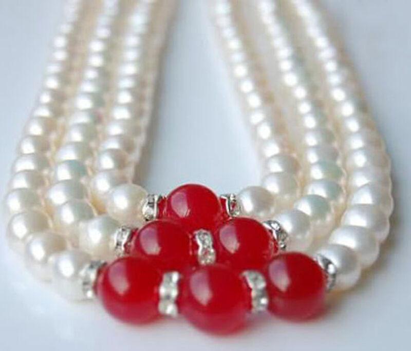 

Chains Row Genuine 7-8mm Natural White Pearl Akoya Cultured And Ruby Beaded NecklaceChains