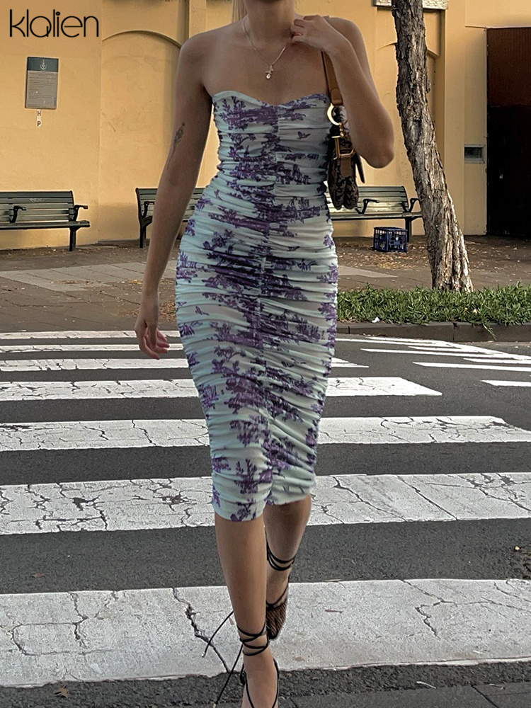 

Fashion Sexy Print Strapless Bodycon Dresses Women French Romantic Simple Office Lady Street Style Long Dress Summer New, Blue