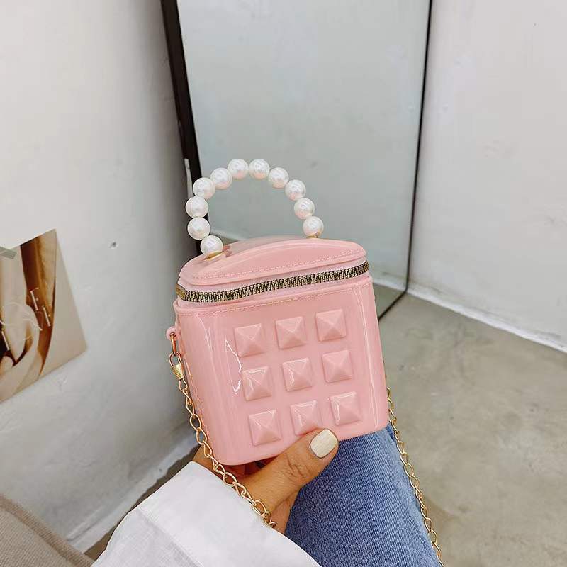 

Fashion Rivet Mini Bags Bucket Gel Bag Cross-Border Bag Women's Crossbody Pearl Hand Chain, As pic