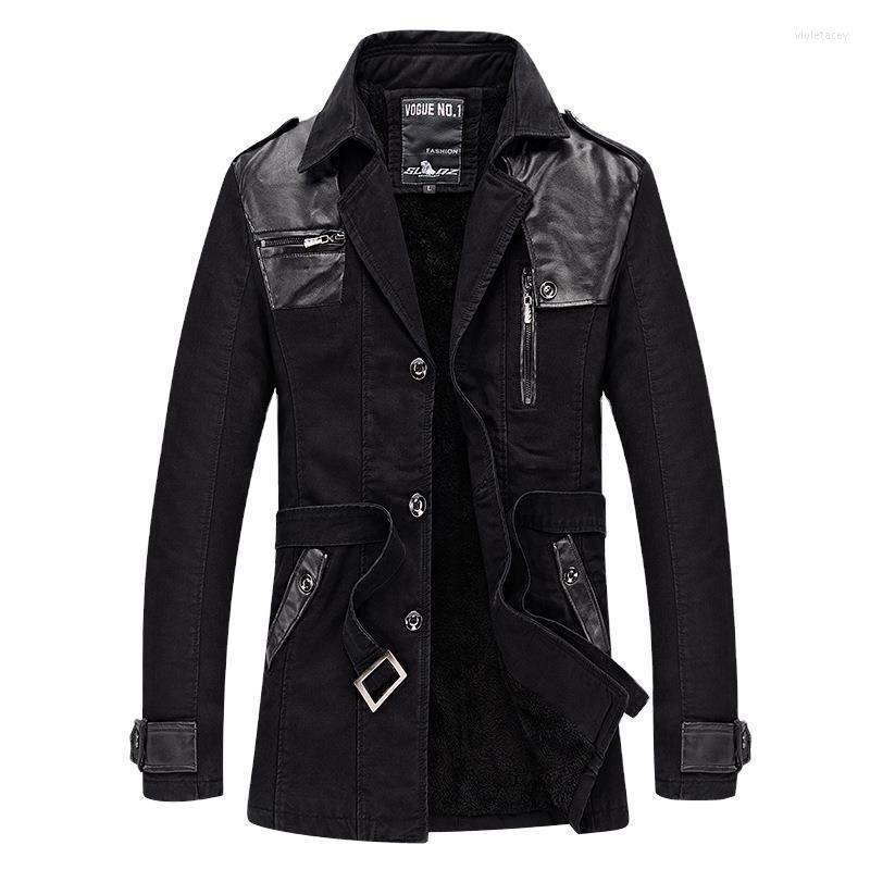 

Men's Trench Coats Autumn And Winter Jacket Street Retro Gothic Motorcycle Locomotive Windbreaker Faux Leather PU Warm Viol22, Black