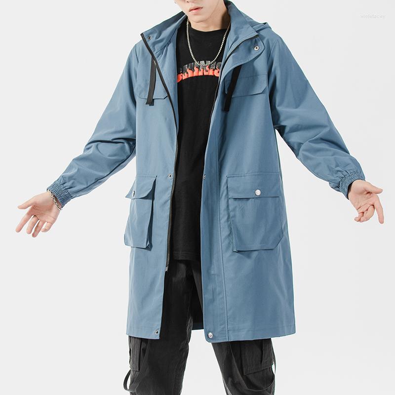 

Men's Trench Coats YASUGUOJI Fashion Print Big Pockets Long Hooded Mens Oversize Windproof Tooling Jacket Men Loose Windbreaker Man Clothing, Black