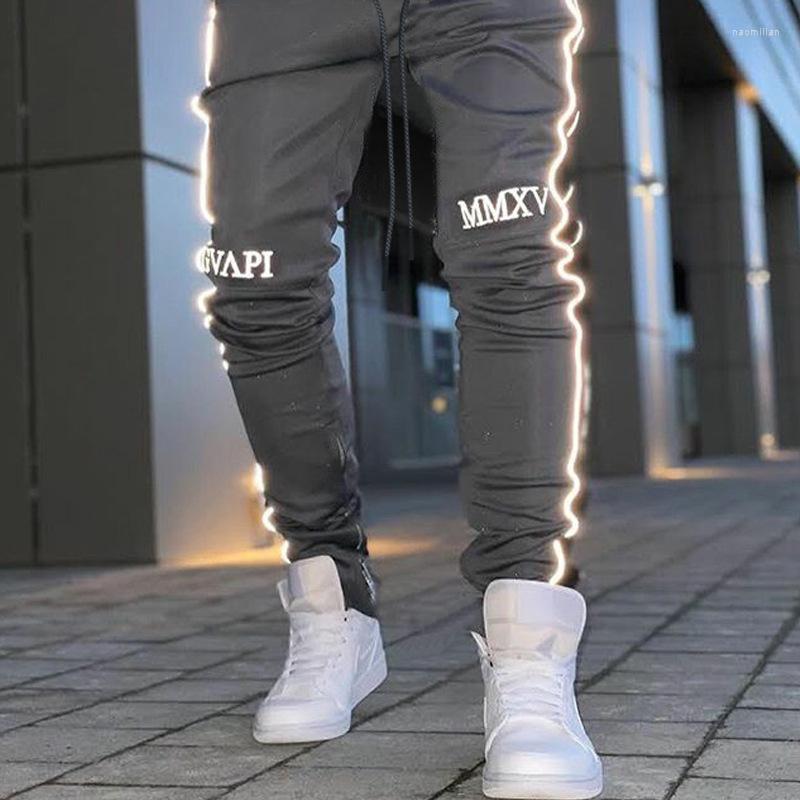 

Men's Pants Colors Men Fashion Reflective Strips Long Letter Printed Elastic Waist Drawstring Zipper Pockets Casual TrousersMen's Naom22, Black