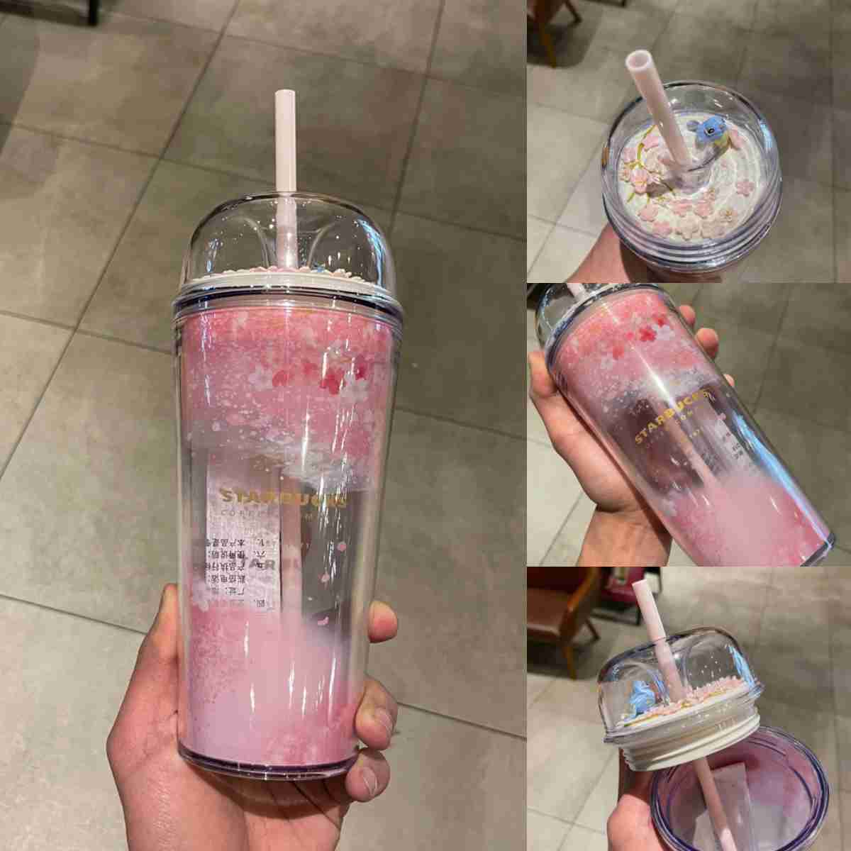 Starbucks cup cherry blossoms in spring double-layer plastic straw cup bird cherry viewing three-dimensional scene desktop cup female-image-760296025