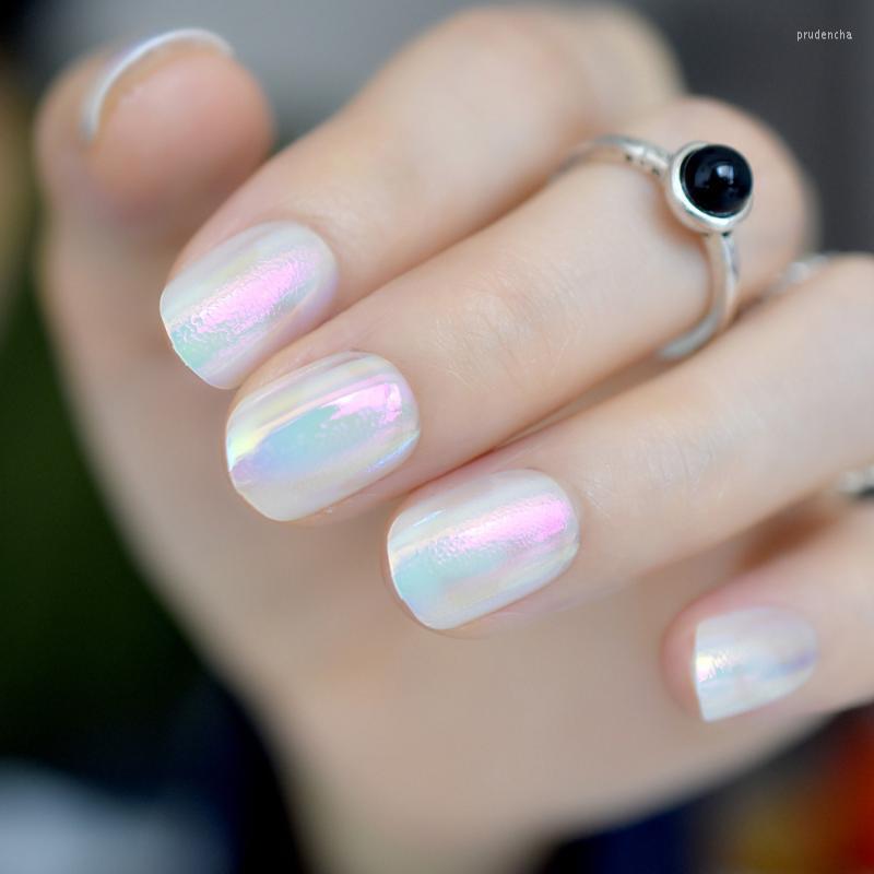 

False Nails 24pcs White Chameleon Acrylic Short Round Design Artificial Nail Tips Mirror DIY Finger Patch Salon Product Z856 Prud22