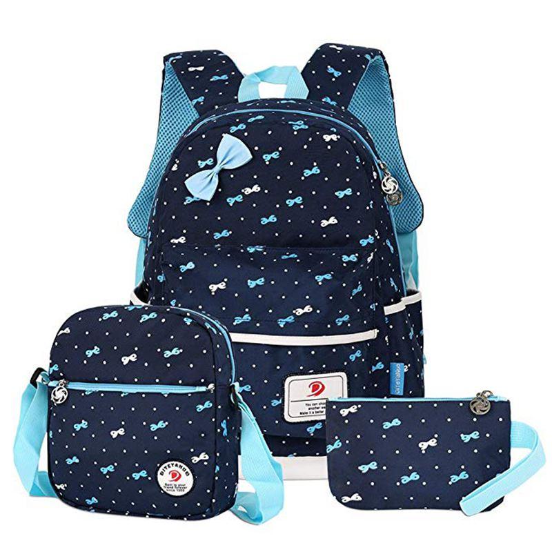 

School Bags Cute Dot Bowknot 3pcs Kids Book Bag Set For Girls Teen Waterproof Nylon Primary Students Backpacks, Blue c