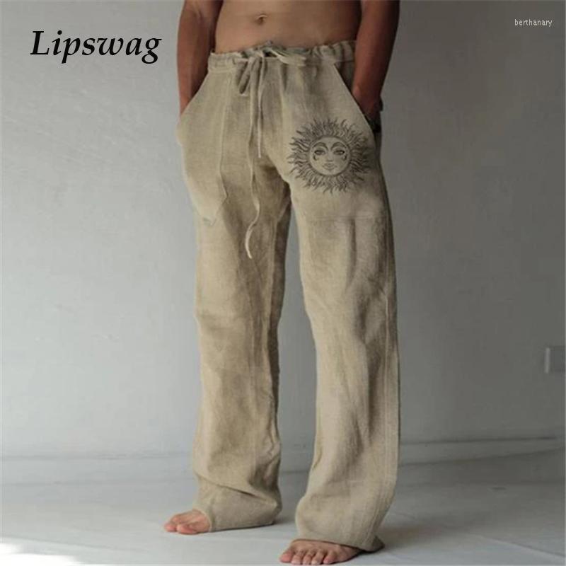 

Men's Pants Casual Men's Cotton Linen Vintage Sun Print Loose Straight Fashion Drawstring Mid Waist Men StreetweaMen's Bert22, White