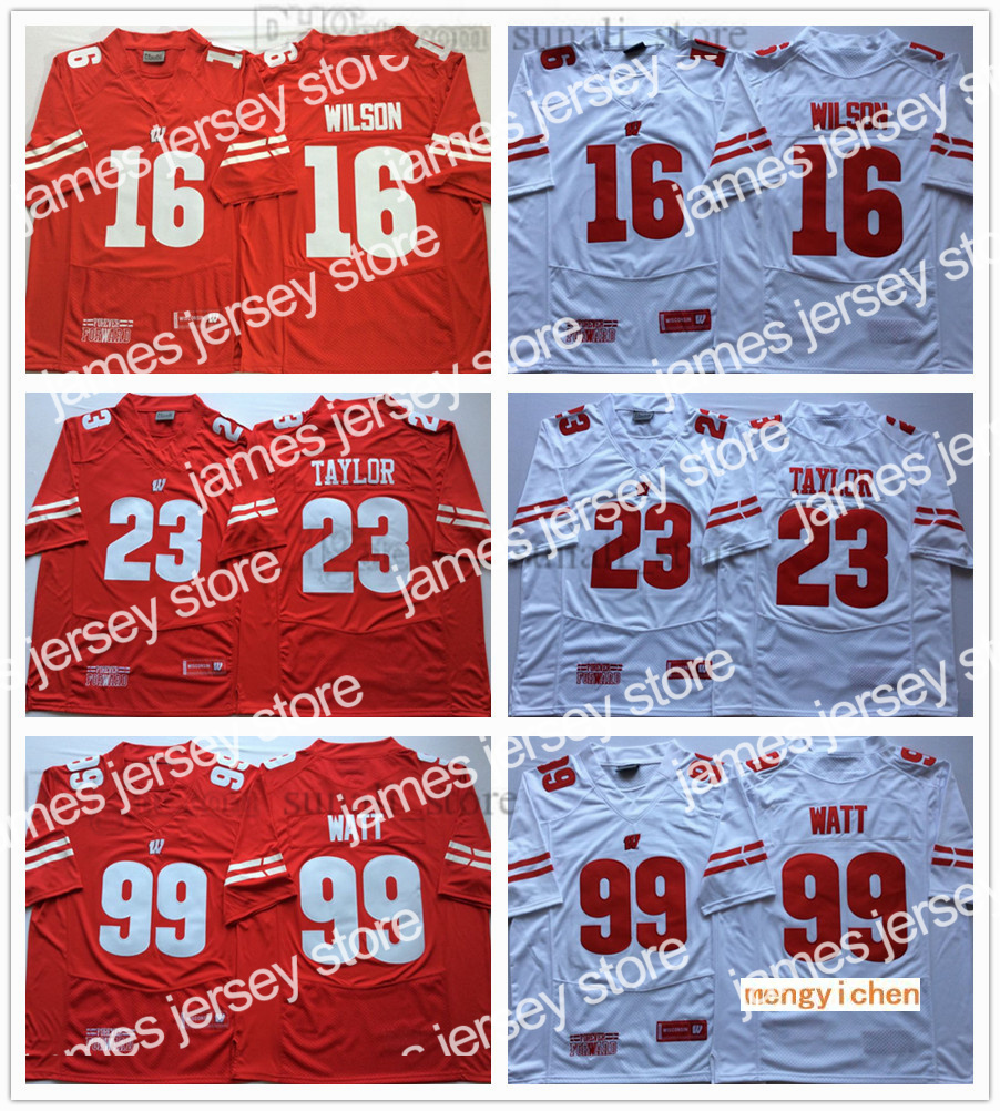 

American College Football Wear Football NCAA College 16 Russell Wilson Jerseys 99 JJ Watt 23 Jonathan Taylor Red White All Stitched