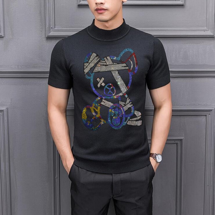 

High quality casual fashion knitted sweater short sleeves o neck for men, Black
