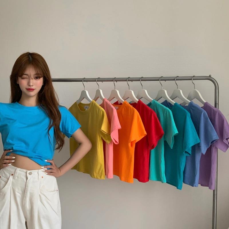 

Solid Color Womens Short Sleeve Tees O-neck Slim T-shirts Korean Version Casual Black Crop Top, Purple