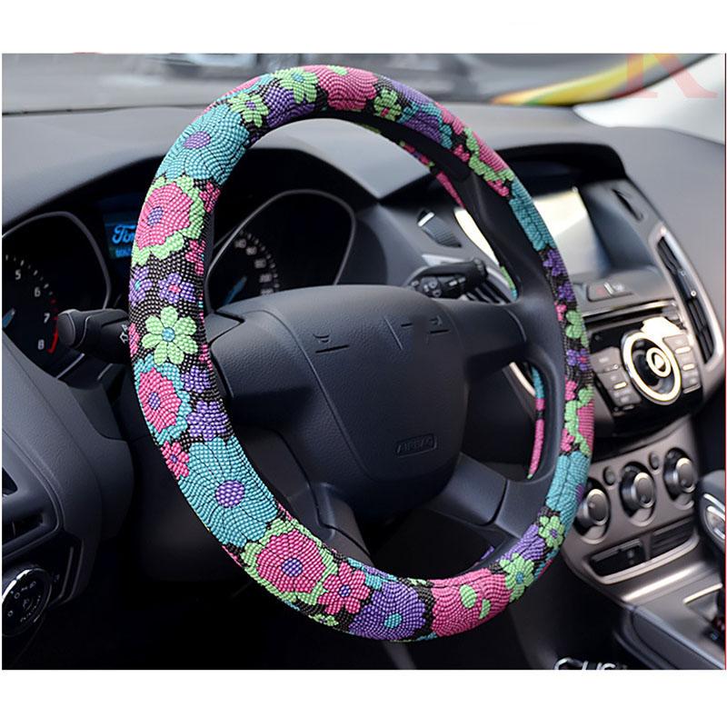 

Steering Wheel Covers Flower Printed Car Cover Handlebar Case Leather Cute Auto Interior Accessories Anti Slip GreenSteering