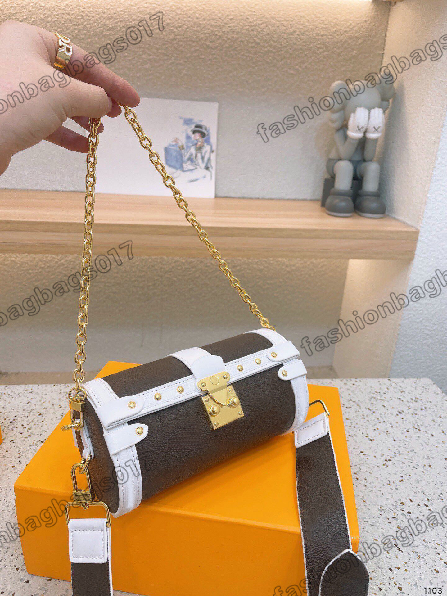 

Womens Barrel-shaped Crossbody Bag Papillon Of Trunk Monograms Brown White Bags Designer Shoulder Leather High-capacity Handbag Pillow Bag