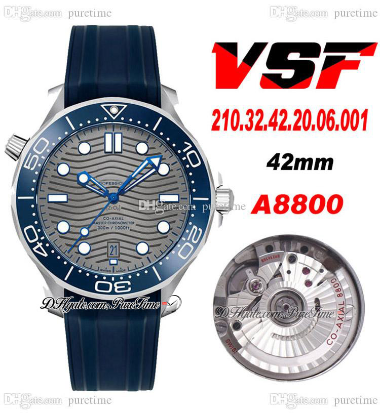 

VSF V2 Diver 300M A8800 Automatic Mens Watch Blue Ceramics Bezel Gray Wave Texture Dial Rubber Strap 210.32.42.20.06.001 Super Edition Puretime 11b2, 300m-03-a