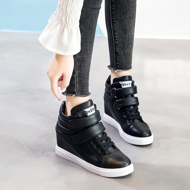 

2022 Hook Loop High Quality Leather Women Wedge Sneakers Shoes Magic Tape Platform Dad Shoes Chunky Increased Heel Sneaker, Black