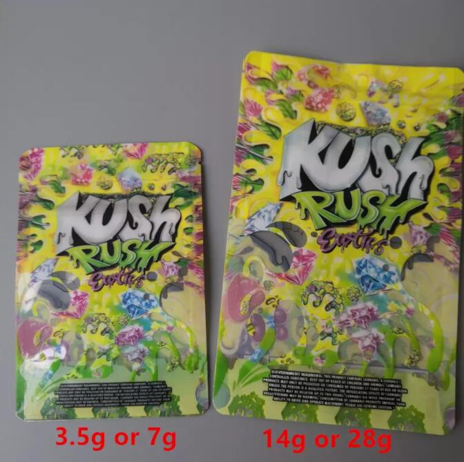 

New size Kush Rush exotics Bags resealable zipper seal for freshness Childproof packing 3.5g or 7g mylar