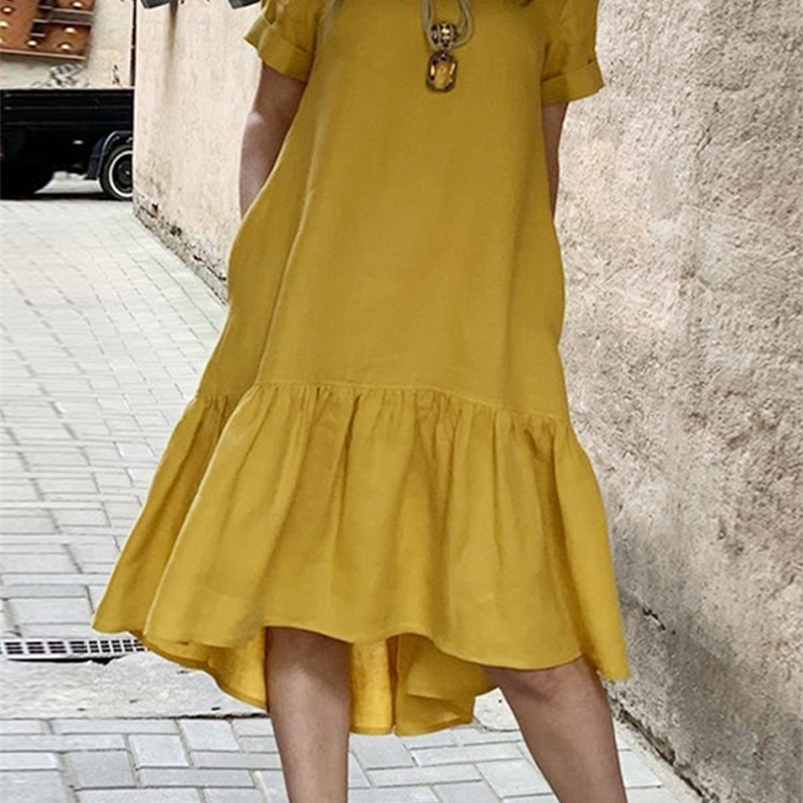 

Women Dress Holiday Summer ZANZEA Short Sleeve Sundress Solid Casual Kaftan Ruffles Loose Vestidos Pockets O Neck Robe Femme 226014, C-yellow