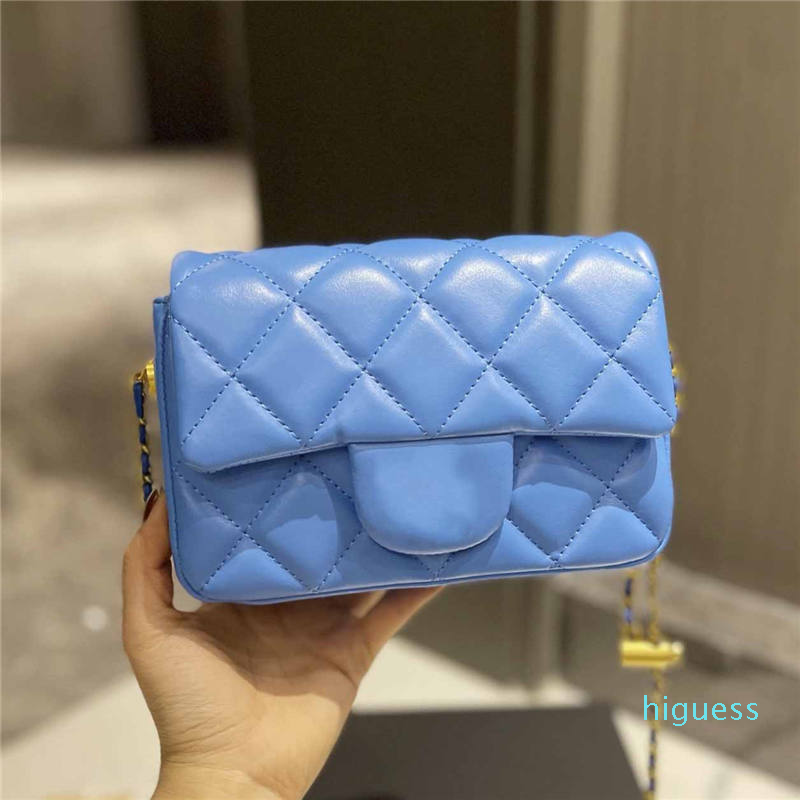 

Designer- Women Flap Mini Bags Genuine Leather Crossbody Bags Handbags Gold-Tone Metal Adjuster Chain Shoulder Bag, Blue