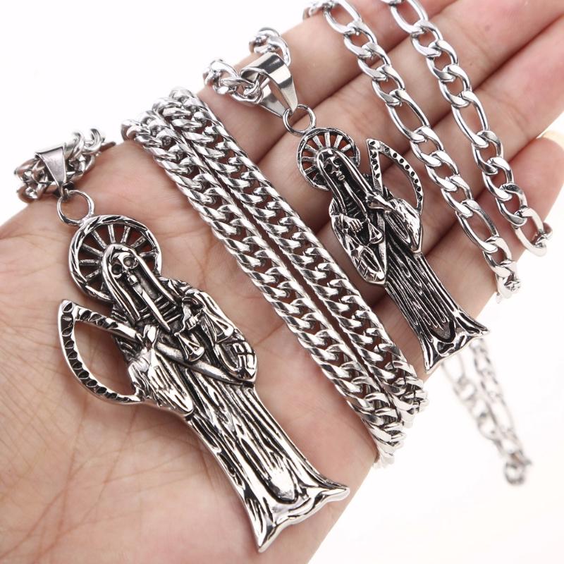 

Pendant Necklaces Gold Silver Holy Saint Death Santa Muerte Skull Biker Necklace Stainless Steel Grim Reaper Mexican Sait With Chain 24&quot