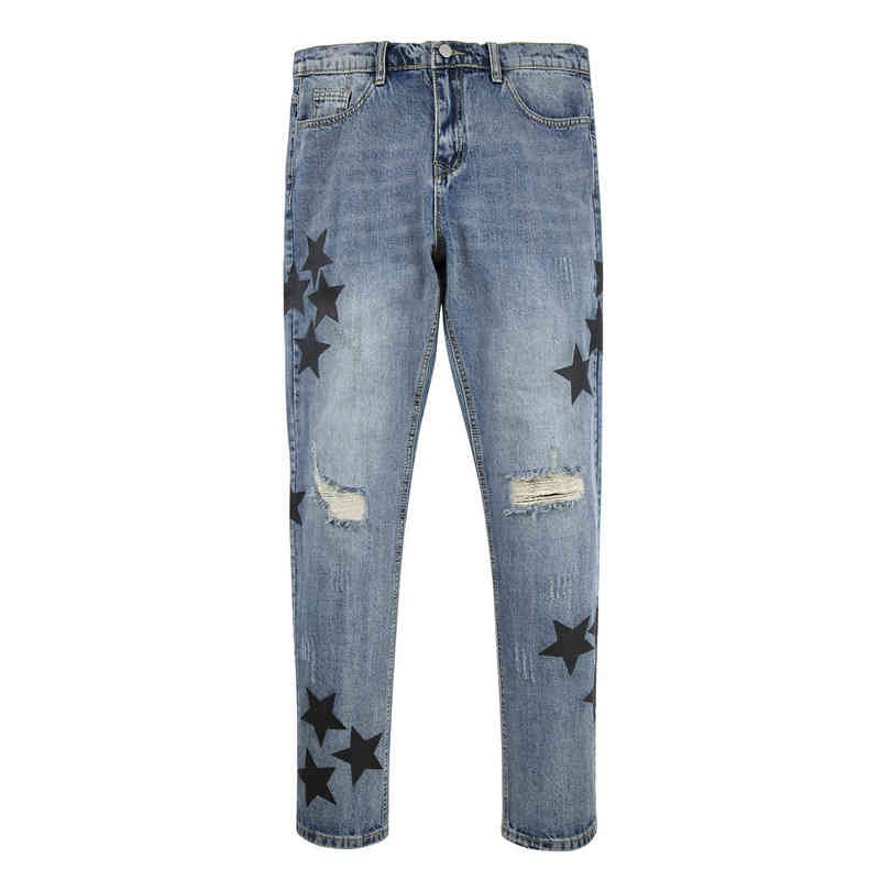 

Gaojiechao embroidered PU leather five pointed star jeans, Deep blue