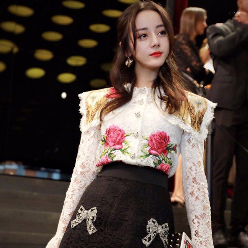 

Women' Blouses & Shirts 2022 Summer BOHO White Lace Blouse Shirt Women Runway Designer Floral Embroidery Ruffles Ladies Flower Tops Blusas, Dress