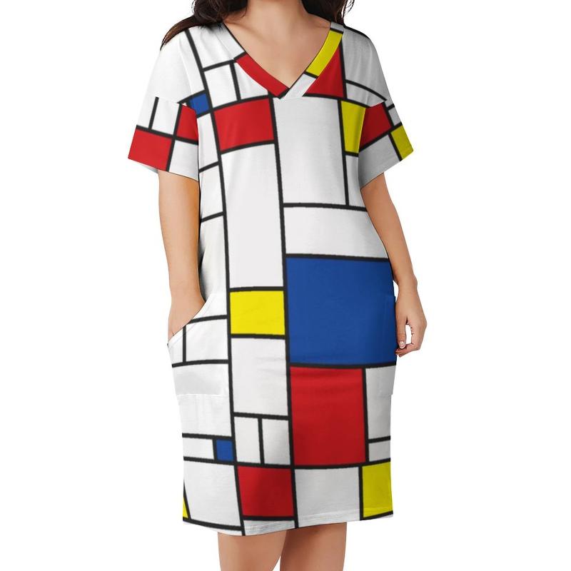 

Plus Size Dresses Retro Mondrian Plaid Dress V Neck Modern Art Korean Fashion Holiday Cute Casual Graphic ClothesPlus, Style-12