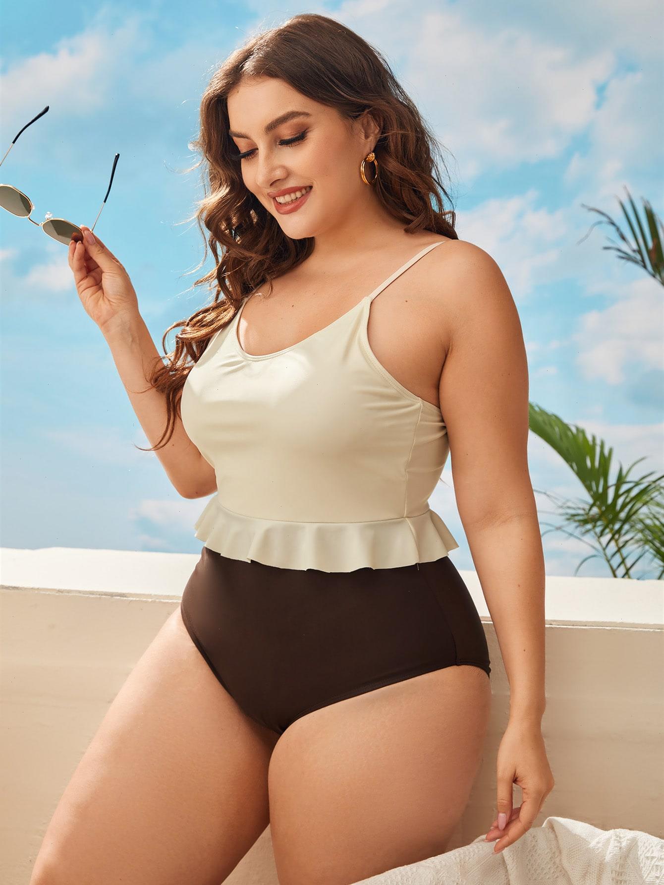 

Plus Size Color Swimwears Block Ruffle Trim One Piece Women Swimsuit, Multicolor