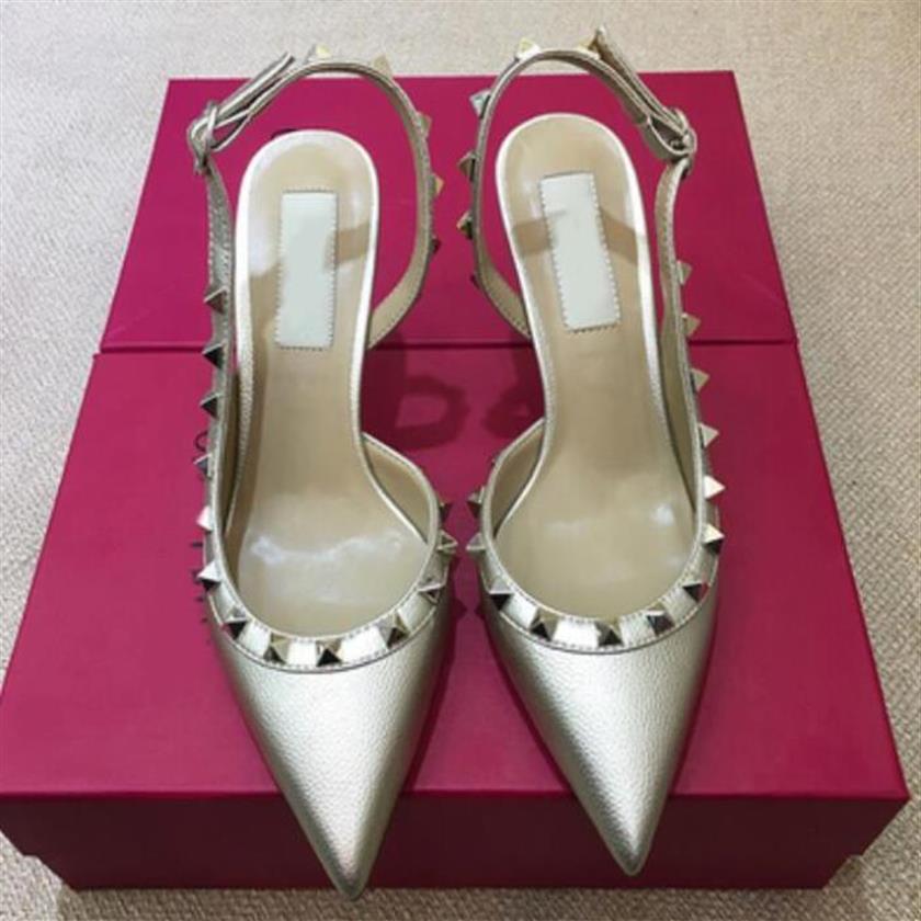 

2020 ashion women pumps Casual Designer Gold matt leather studded spikes slingback high heels sandals shoes267D, A3