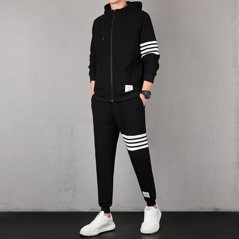 

T063 Men Sets Tracksuit Hoodie+Pants Zipper Stripe Fashion Casual Outdoor Sports Jogging Fitness Sportswear Running Sweatshirt Suit M