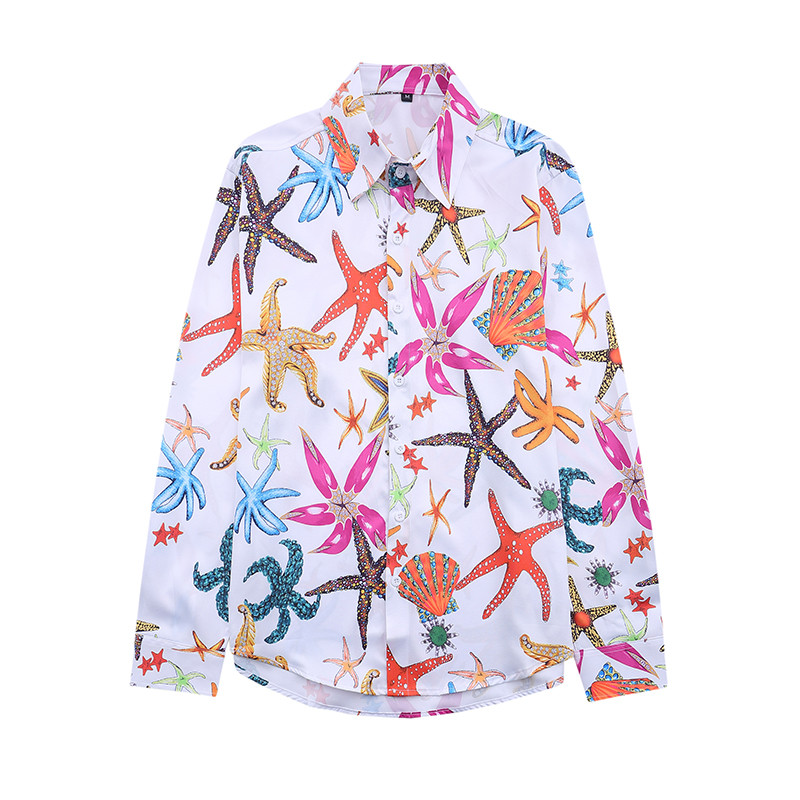 

Fashion Gold Blue Casual Shirts Men Slim Fit Long Sleeve Red Chemise Homme Social 3D Floral PRINT SILK SHIRT Mens Club Prom Dress Shirt, As picture show