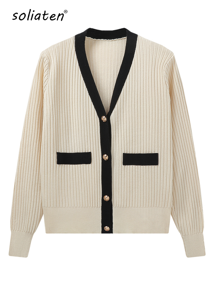

2022 Autumn Winter Women V-Neck Knitted Sweater Cardigan Ladies Long Sleeve Single-Breasted Color Contrast Short Knitwear C-033, Black
