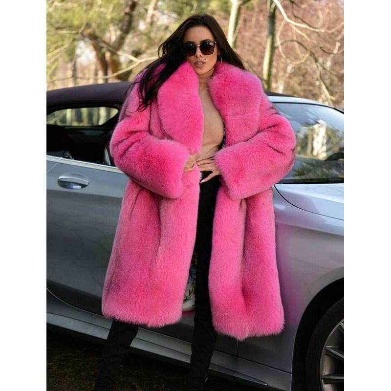 Women's Fur & Faux 100cm Long Natural Coat With Big Turn-down Collar Thick Warm Overcoats Luxury Winter Fashion Rose Red CoatsWomen's W