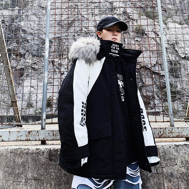 

Men's Down & Parkas Parka Men Winter Jacket Thick Warm Coat Fur Collar Hooded Fashion Outwear Windbreaker Casual Color Block Pocket Guin22, Black