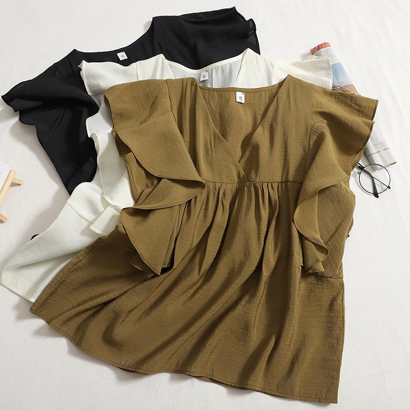 

Women's Blouses & Shirts Japanese Ruffles Flying Sleeve V-neck Plaid Shirt Women's Tops 2022 Summer Design Korean Sleeveless Doll TideWo, Black