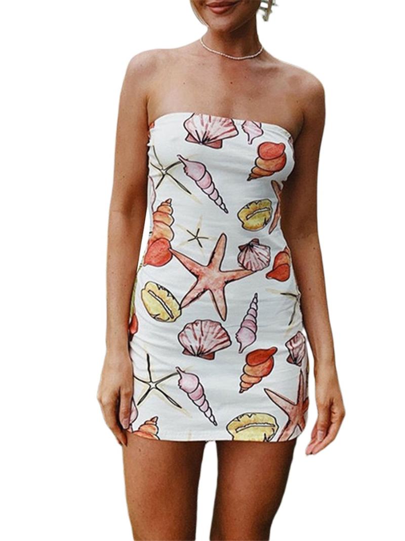 

Casual Dresses Women Summer Tube Dress Sea Snail Plant Print Strapless Off-Shoulder Sleeveless Tight For Ladies  M LCasual, White sea snail