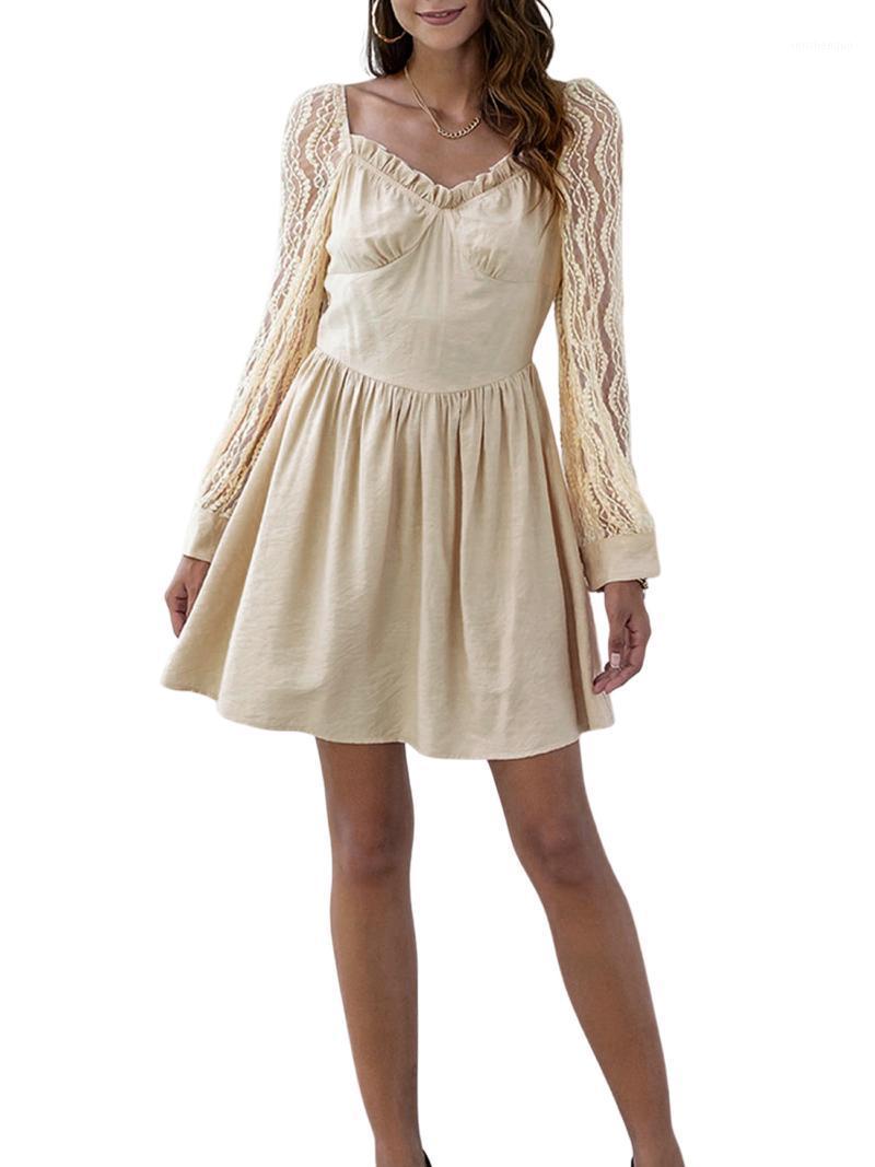 

Casual Dresses 2022 Hirigin Summer Women Long Sleeve Dress With Lace Stitching,Ruffle Decoration Sexy V-neck High Waist Version Clothing, Khaki