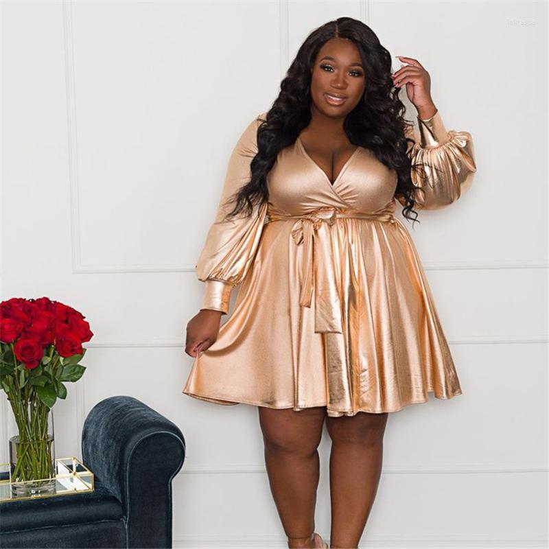 

Plus Size Dresses Birthday Dress For Women Sexy Deep V Neck Belt Long Sleeve Solid Color Loose Elegant 4xl 5xl Wholesale Loli22, Gold