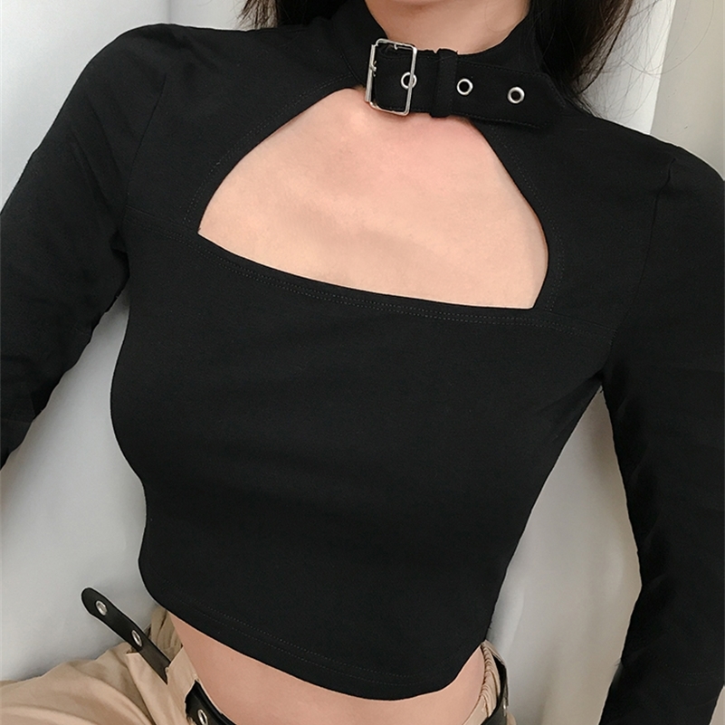Rockmore Buckle Halterneck Sexy Womens T Shirt Harajuku À Manches Longues Crop Top Streetwear Basic Tshirt Femmes T-shirts Serrés Chemises 220611