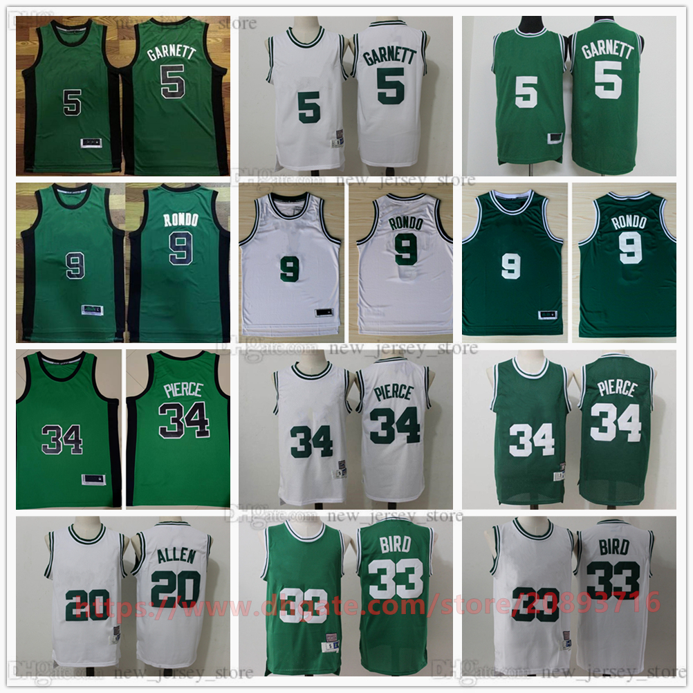 

Vintage Basketball Jerseys Stitched 33 LarryBird 34 PaulPierce 20 RayAllen 5 KevinGarnett Jersey Green White Retro Breathable Sport High Quality, As picture (with team name)