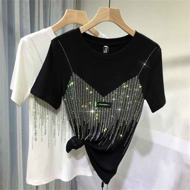 4XL Plus Size Chic Summer Diamond Short Sleeve T Shirt For Women Casual Solid Color O Neck Tshirt Ladies Streetwear Tees Top 220530