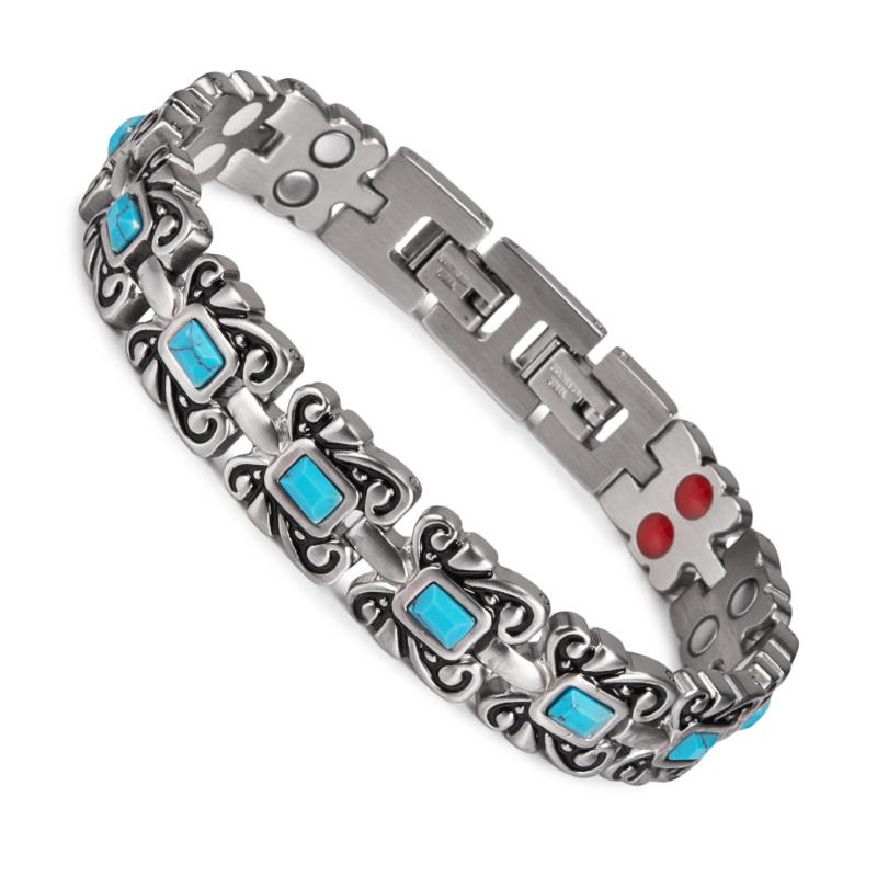 

Link, Chain Magnetic Bracelet Femme Vintage Flower Germanium Health Energy Benefits Blue Stone Stainless Steel