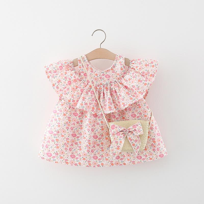 

Girl's Dresses Baby Dress Lovely Summer Doll Collar Sleeveless Floral Sundress Outfits Infant Fashion Flower Bag Clothes SetGirl's