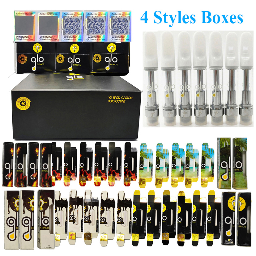 

Glo Extracts Vape Cartridges 0.8ml Thick Oil Atomizers Carts Ceramic Coil 510 Thread Vaporizer Display Boxes 2.0mm Intake Holes 40 Strains Packaging Empty Vape Pen