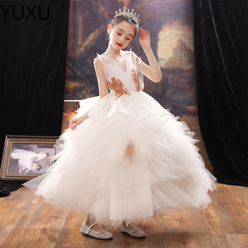 Robe luxueuse à fleurs pour filles, longue traîne avec nœud en perles, applications de fleurs 3D, robe de bal princesse, robes de première sainte