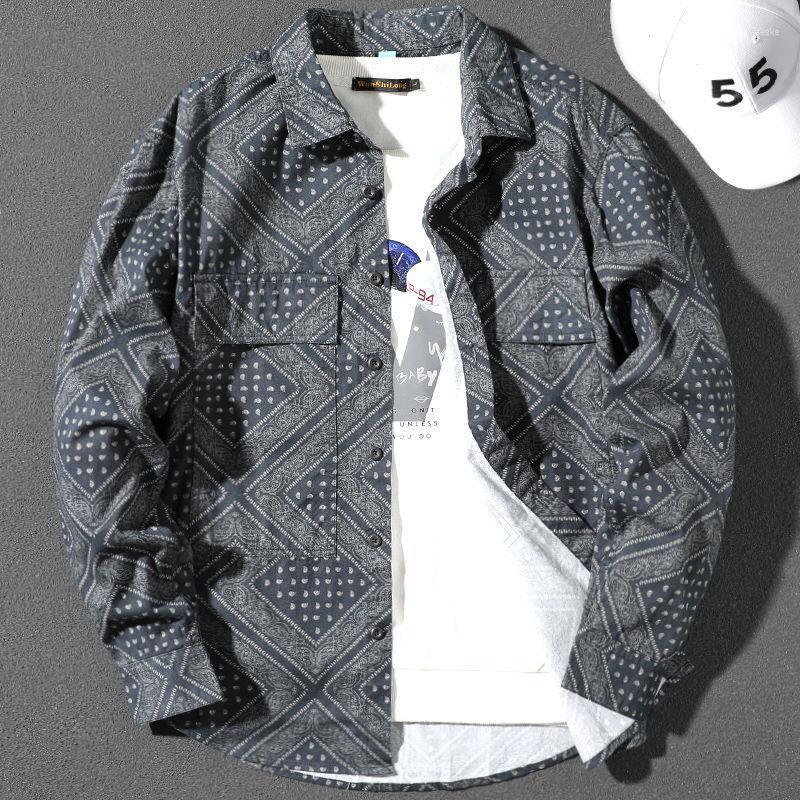 

Men's Casual Shirts Printed Big Pockets Geometry Square Collar Autumn Long Sleeve Regular Fit Fashion Coat Streetwear Hip Hop, Gray