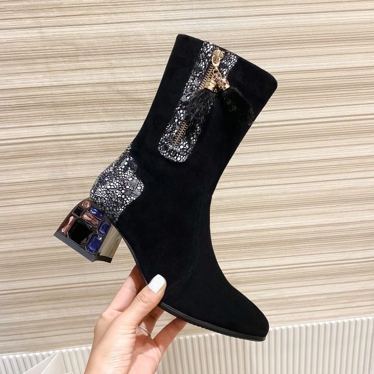 

Fashion-Boots Autumn And Winter Children's Rhinestone Thick Heel Middle Tube Net Red Thin Large Size Frosted Color, Black