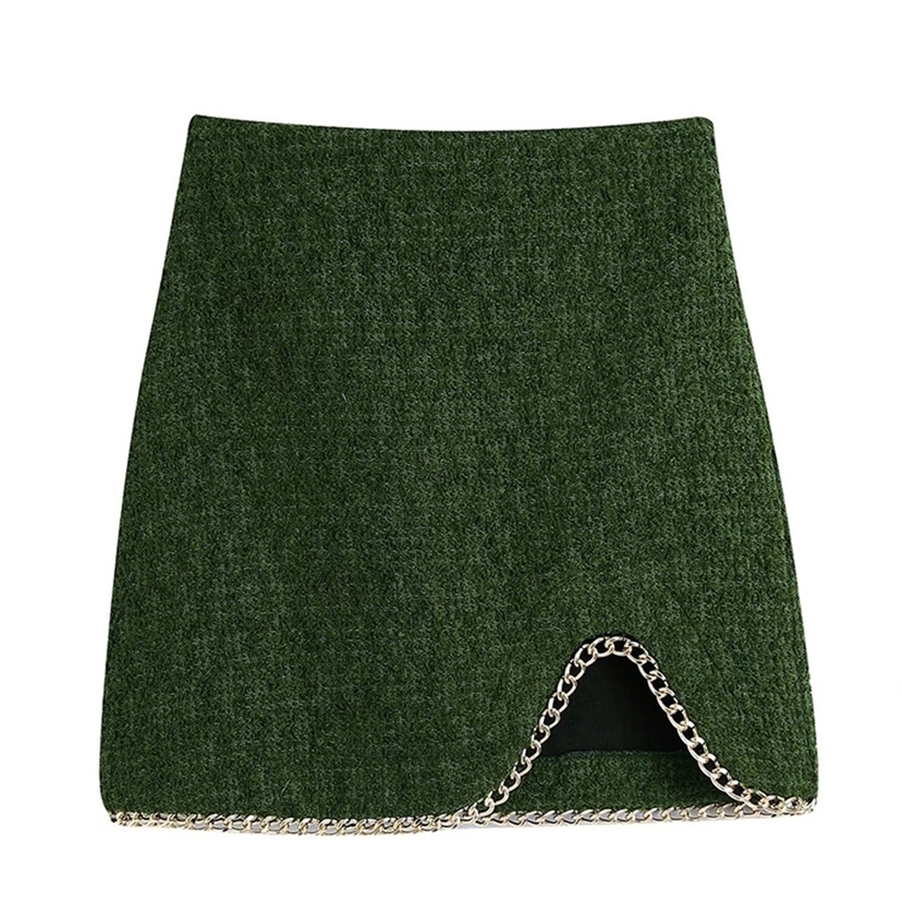 

TRAF Women Chic Fashion With Chain Detail Front Slit Mini Skirt Vintage High Waist Back Zipper Female Skirts Mujer 220322, As picture